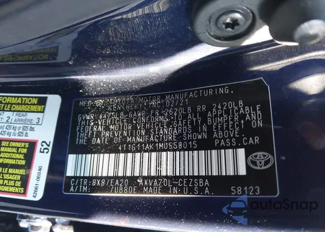 2021 Toyota Camry Se z USA, uszkodzony, nr VIN 4T1G11AK1MU558015